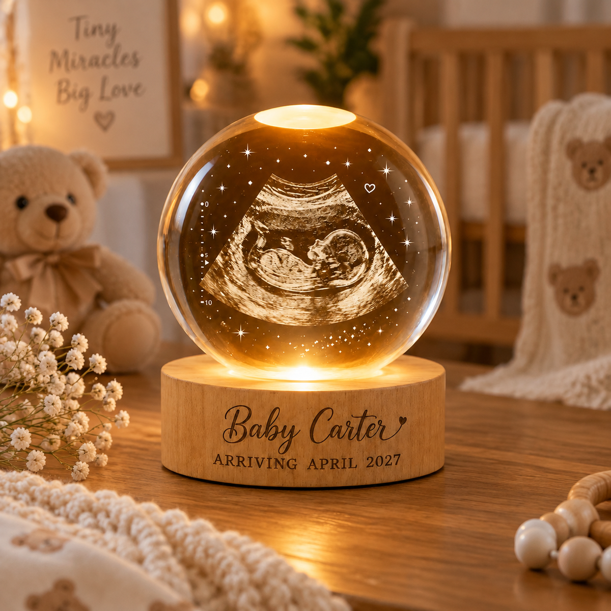 Personalized Ultrasound Gift Crystal Ball Night Light, Custom Sonogram Keepsake, Baby Announcement Decor, Baby Arrival Gift