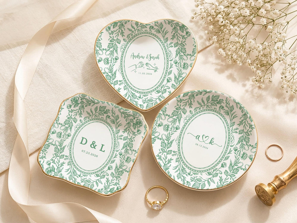 Personalized Toile Wedding Jewelry Dish, Custom Initials Ceramic Ring Dish