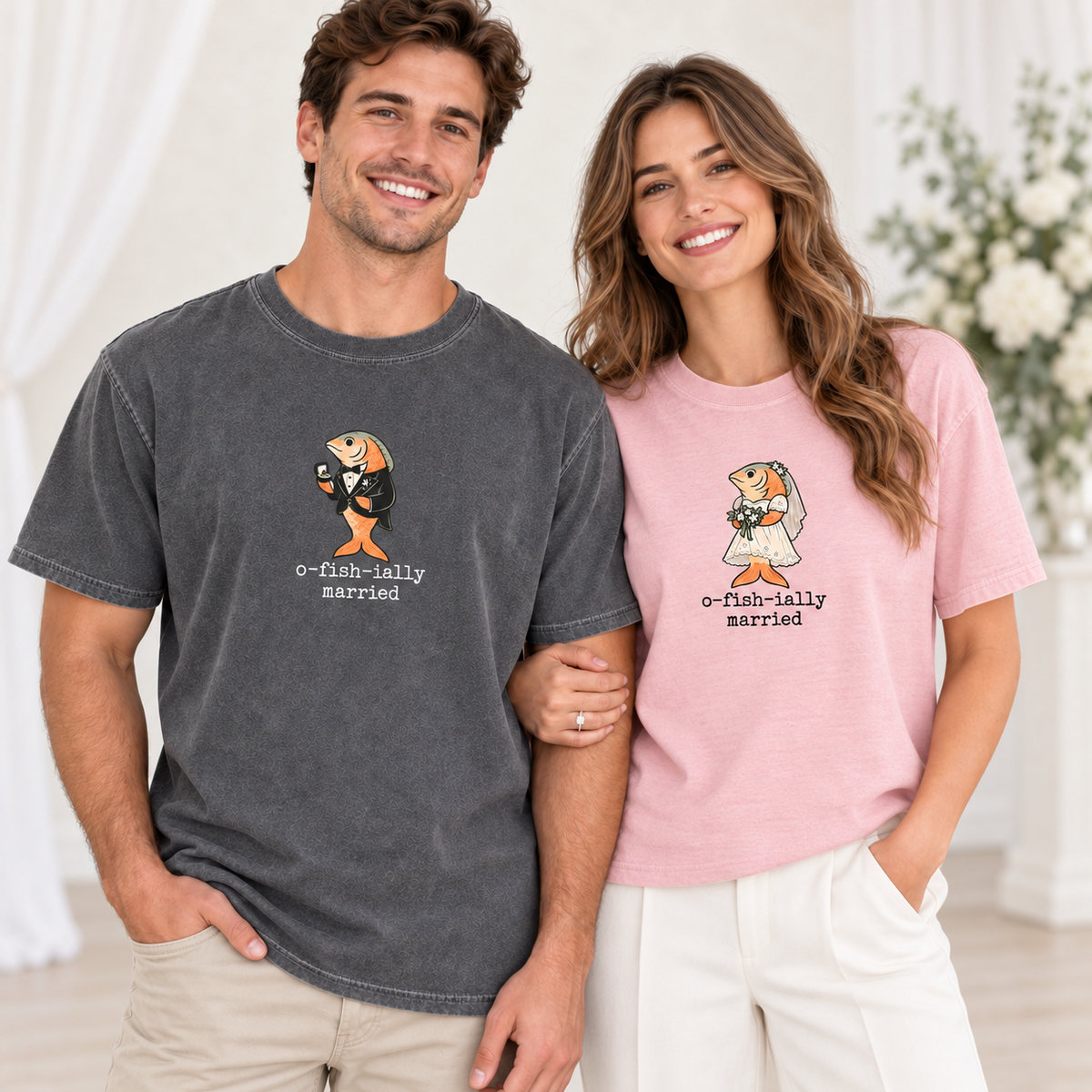 Comfort Colors O-Fish-Ially Married & O-Fish-Iant Shirts, Funny Fishing Wedding Tees for Bride, Groom and Officiant