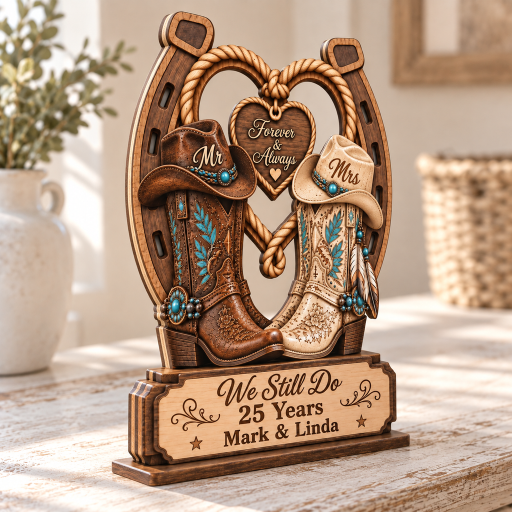 Personalized Western Cowboy Boots & Horseshoe Wooden Plaque, Forever & Always Anniversary Gift for Couples