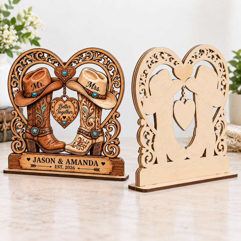 Personalized Western Cowboy Boots Wooden Plaque, Custom Mr & Mrs Wedding Keepsake, Engagement & Anniversary Gift for Couples