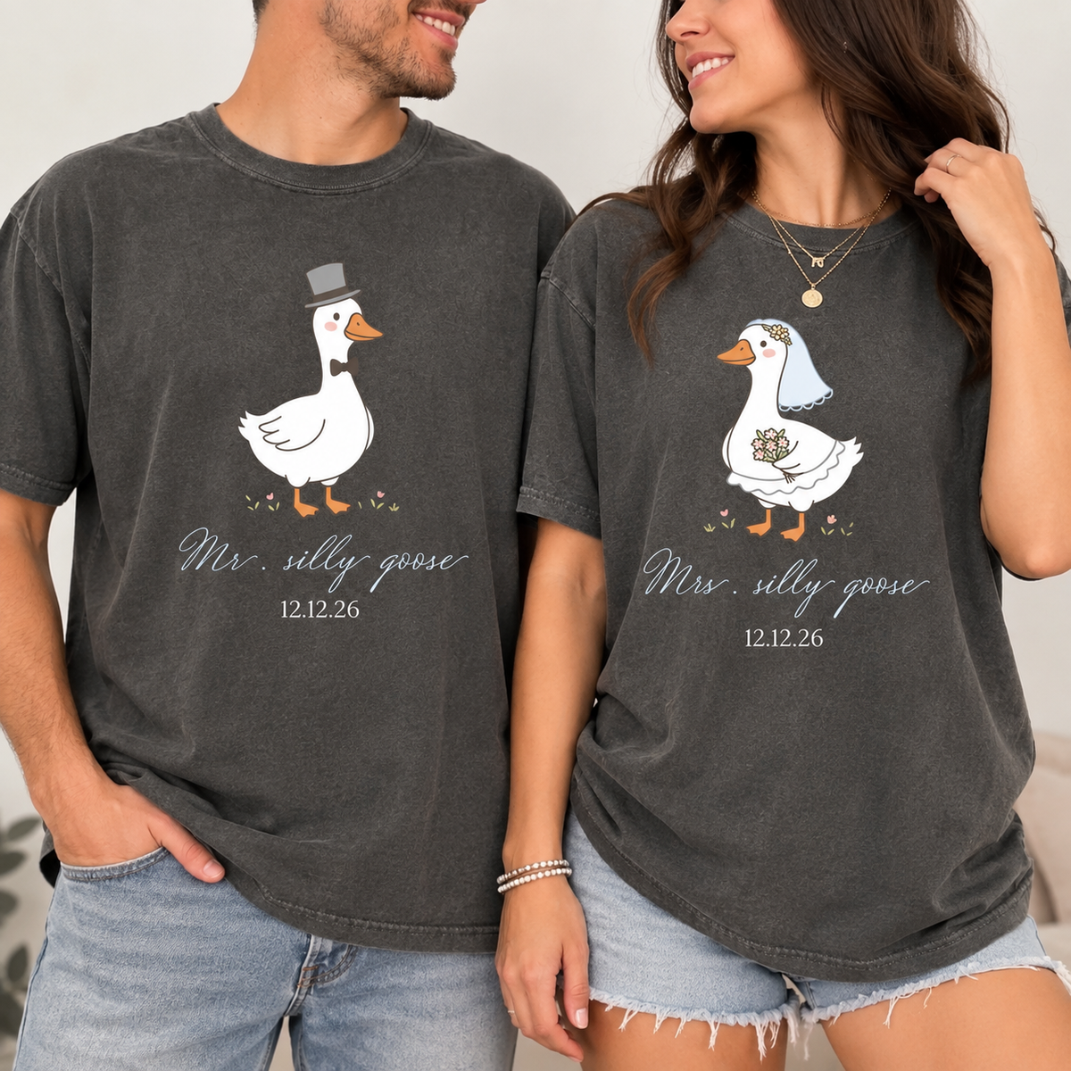 Matching Mr. & Mrs. Silly Goose Shirts, Bride and Groom Honeymoon Tees, Custom Date Wedding Gift