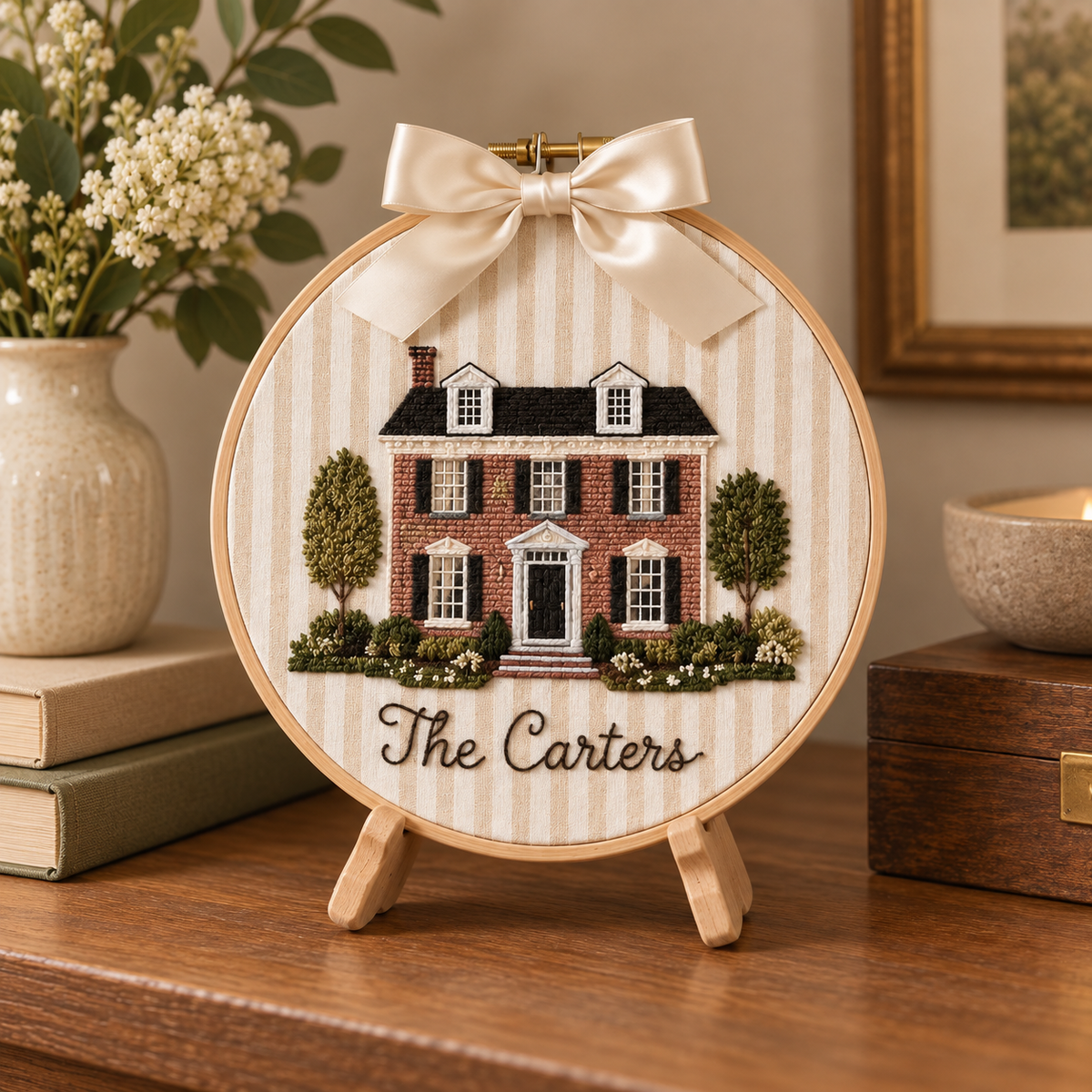 Personalized Family Home Embroidery Hoop, Custom House Portrait Wall Art, Cottage Floral Decor, Housewarming Gift with Pink Bow