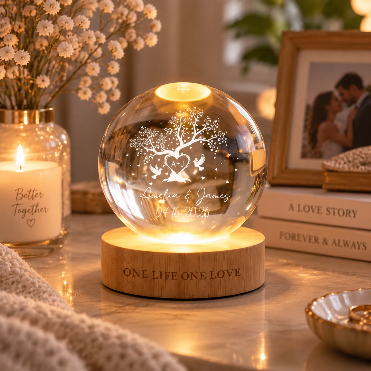 Tree of Love Personalized Couples Crystal LED Ball Light,Custom Couple Night Lamp,Wedding Anniversary Gift,Couple Gift,Gift For Mom,Dad