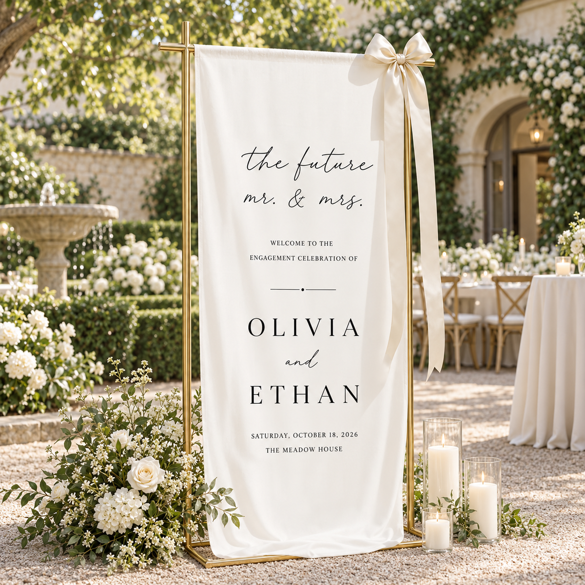 Personalized Linen Engagement Welcome Sign, Future Mr & Mrs Engagement Party Decor,  Custom Couple Names Date & Venue Banner