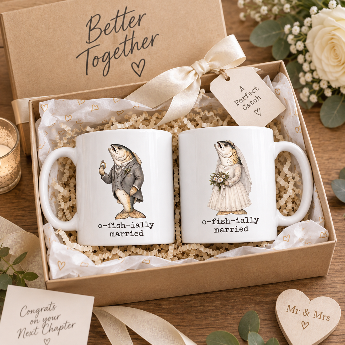 Funny Just Married Fish Mug, Newlywed Matching Couple Mug, Wedding Gift for Bride and Groom, Funny Honeymoon Couple Gift