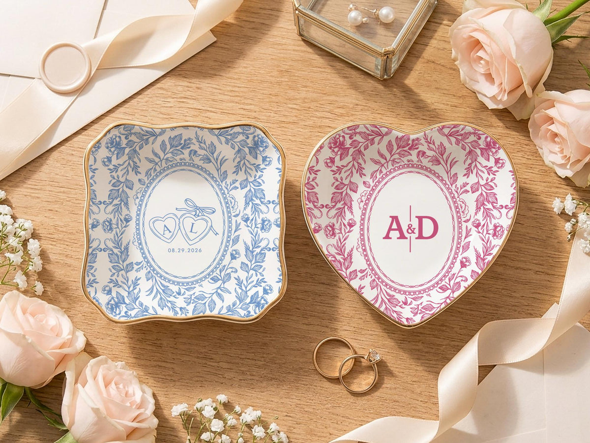 Personalized Toile Wedding Jewelry Dish, Custom Initials Ceramic Ring Dish