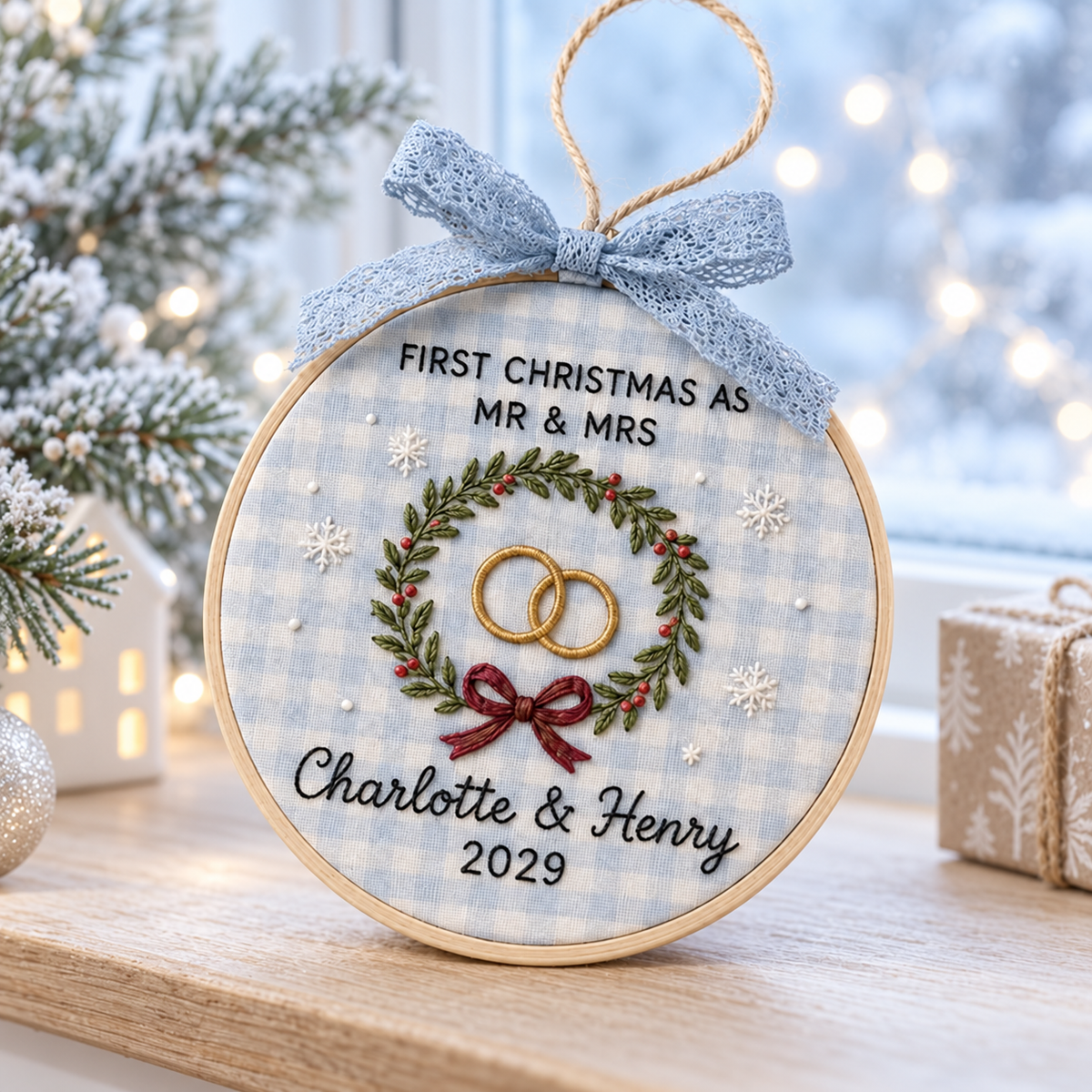 First Christmas Married Ornament, Personalized Embroidered Hoop Ornament, Custom Wedding Christmas Keepsake, Newlywed Gift Decor