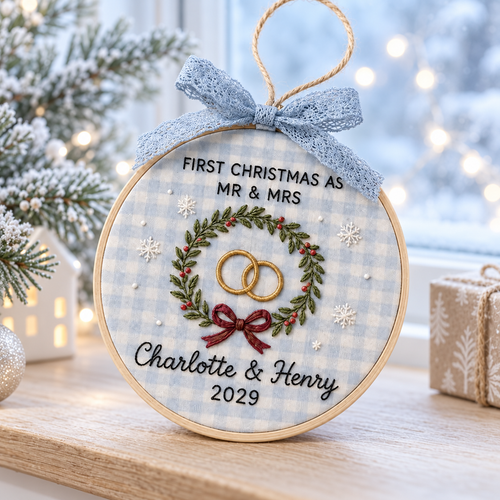 First Christmas Married Ornament, Personalized Embroidered Hoop Ornament, Custom Wedding Christmas Keepsake, Newlywed Gift Decor