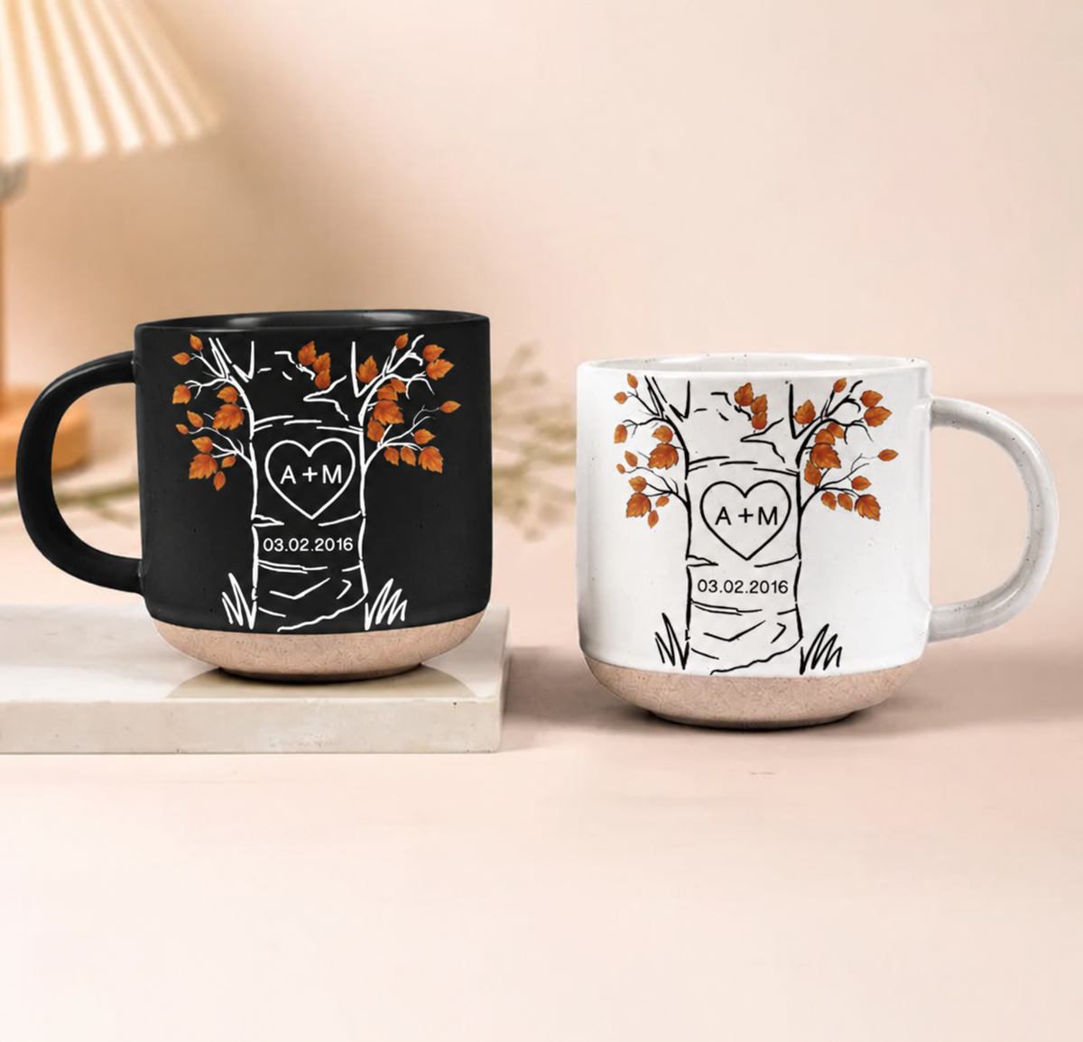 Personalized Carved Tree Pottery Mug, Custom Anniversary Coffee Cup, Couple Initials Mug, Wedding Date Keepsake
