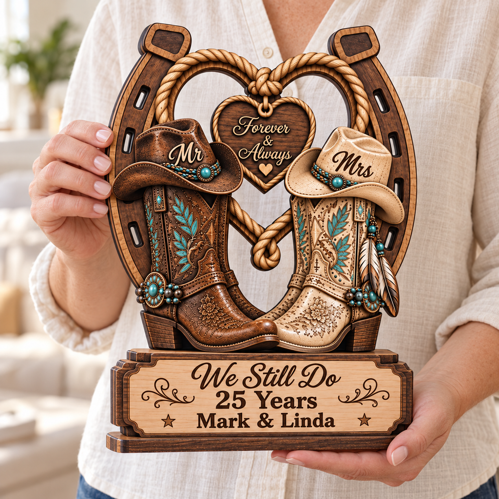 Personalized Western Cowboy Boots & Horseshoe Wooden Plaque, Forever & Always Anniversary Gift for Couples