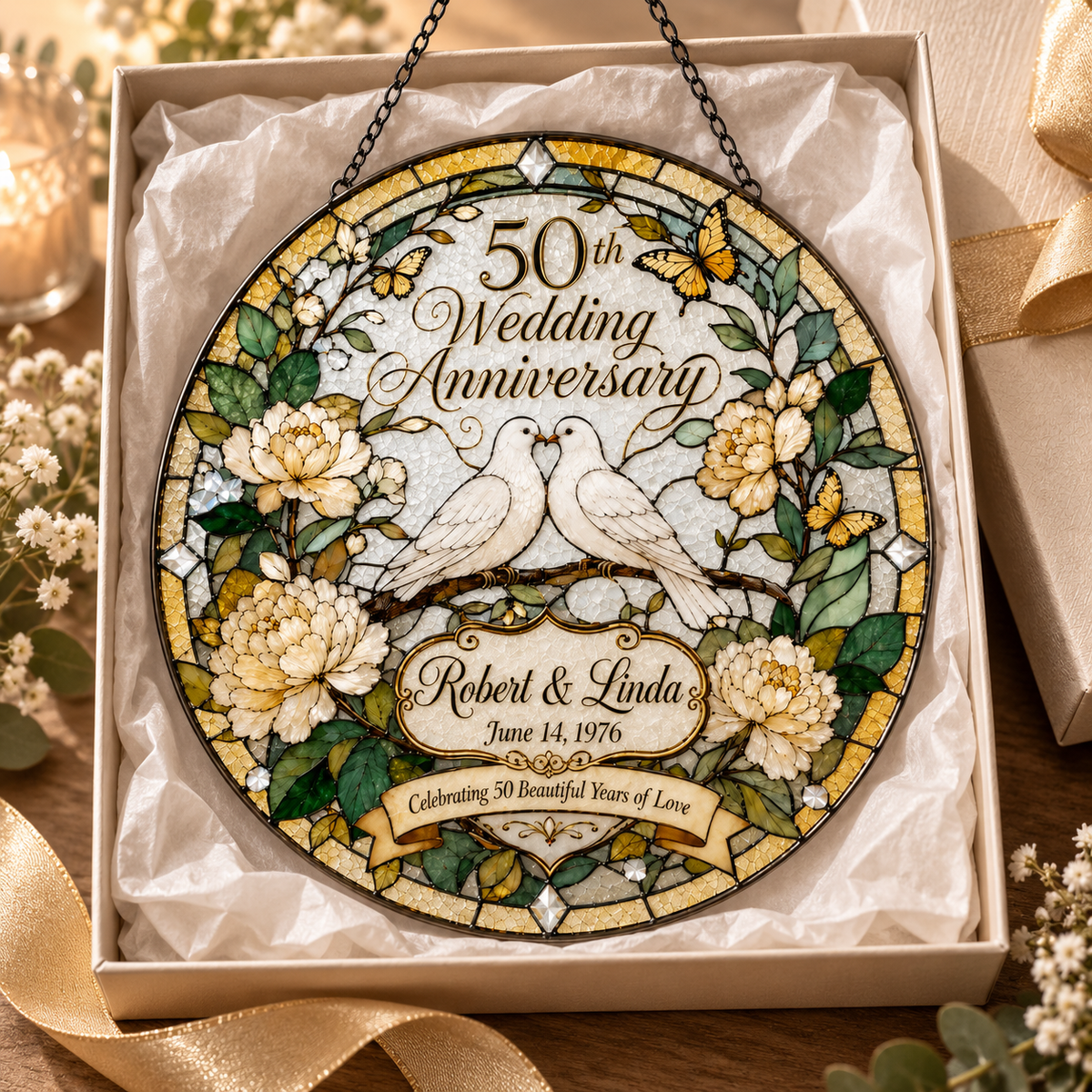 Personalized 50th Wedding Anniversary Suncatcher, Golden Anniversary Gift for Couple,Custom Stained Glass Style Window Hanging,Dove Keepsake