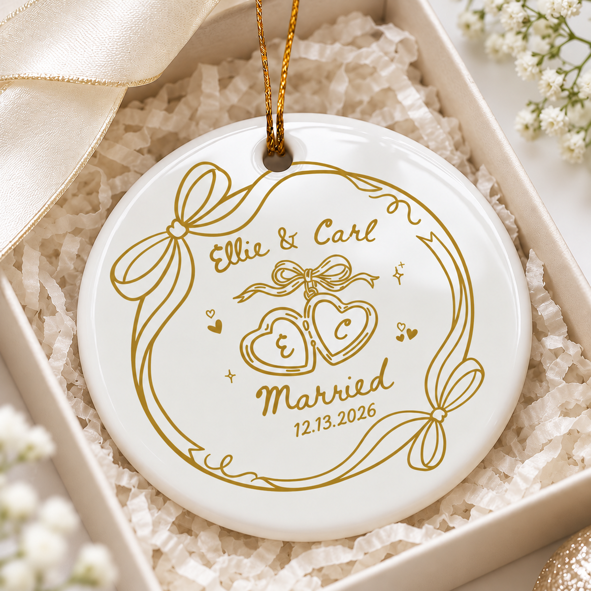 Personalized Engagement Ornament, Custom Couple Names & Date Ceramic Keepsake, Wedding & Newlywed Gift