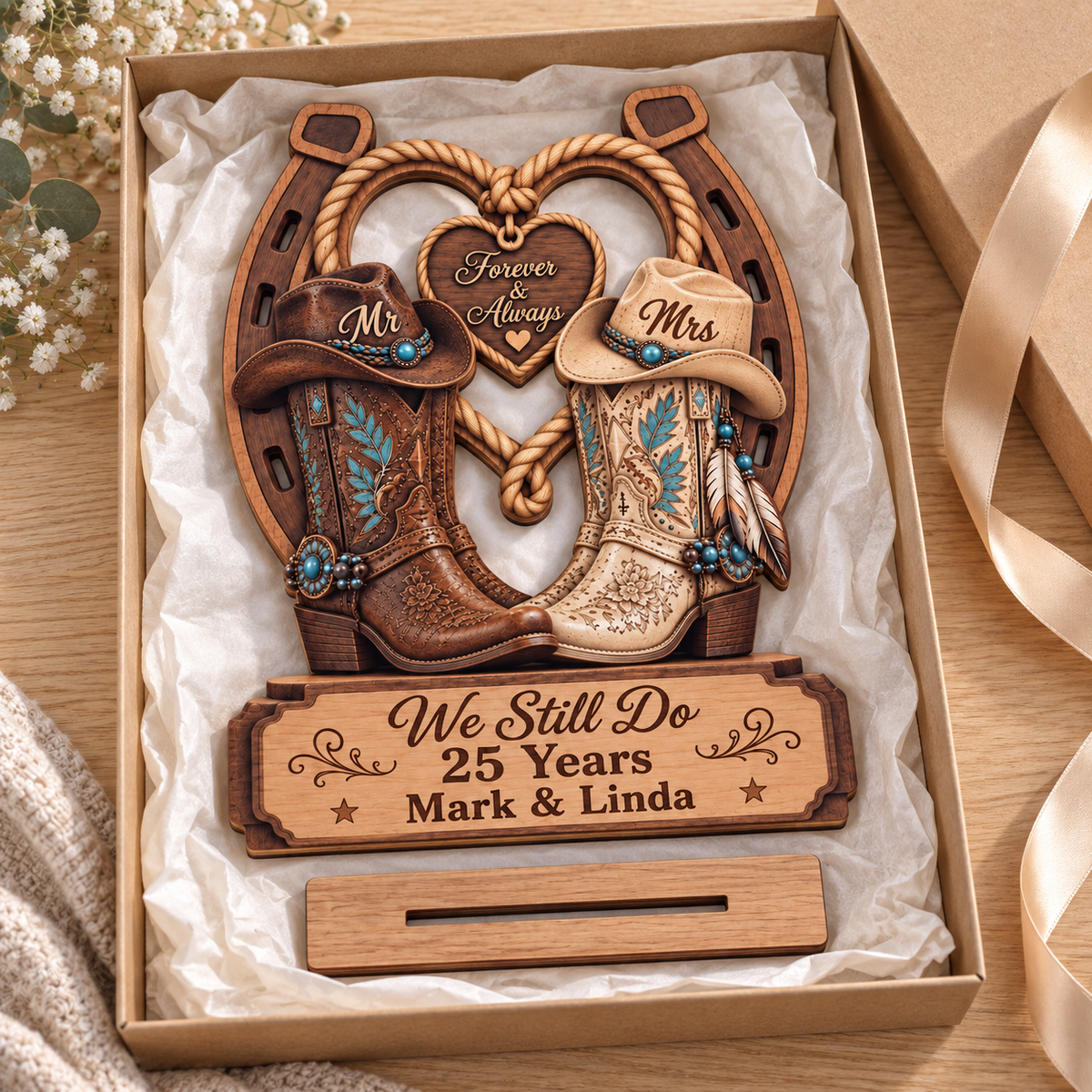Personalized Western Cowboy Boots & Horseshoe Wooden Plaque, Forever & Always Anniversary Gift for Couples