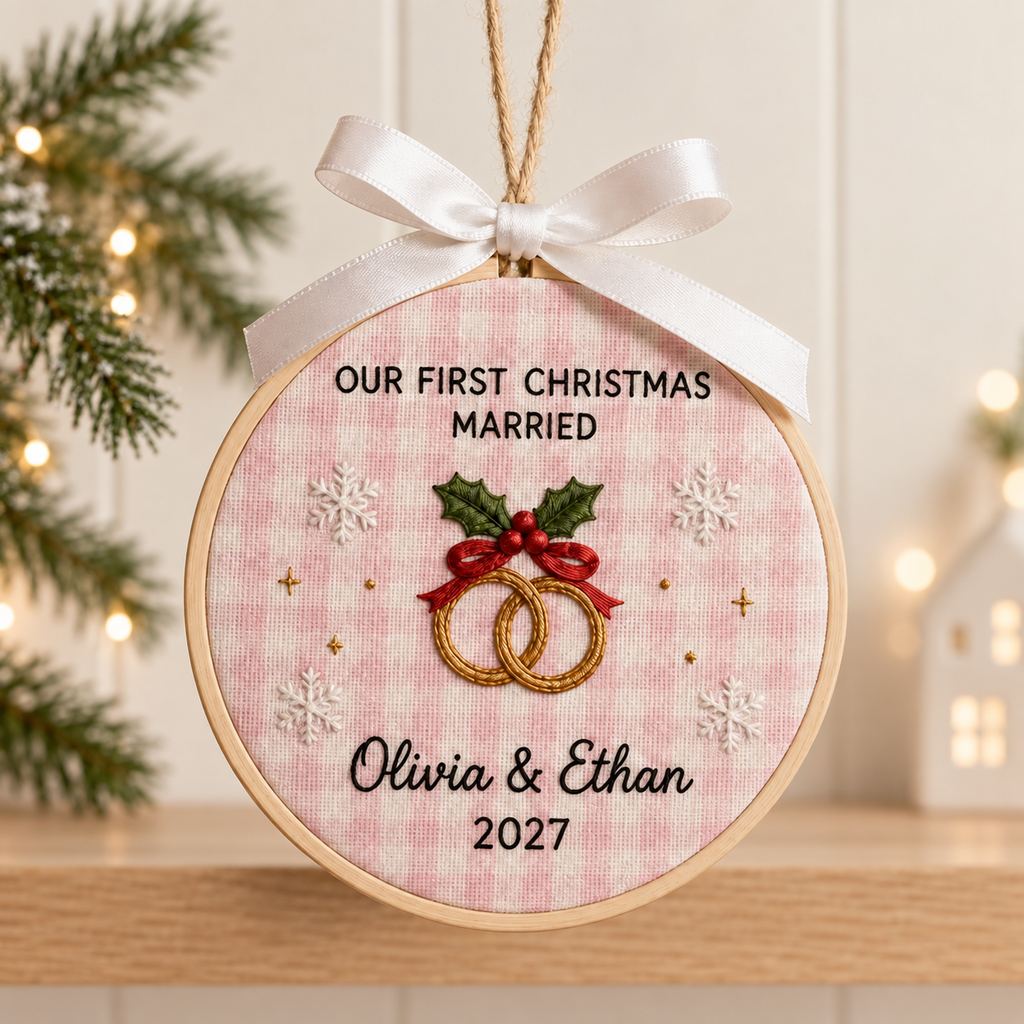First Christmas Married Ornament, Personalized Embroidered Hoop Ornament, Custom Wedding Christmas Keepsake, Newlywed Gift Decor