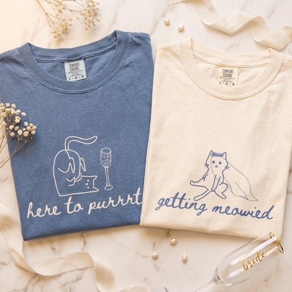 Getting Meowied Cat Bachelorette Shirts, Here to Purrty Bride & Crew Tees, Cat Lover Bridal Party Gift