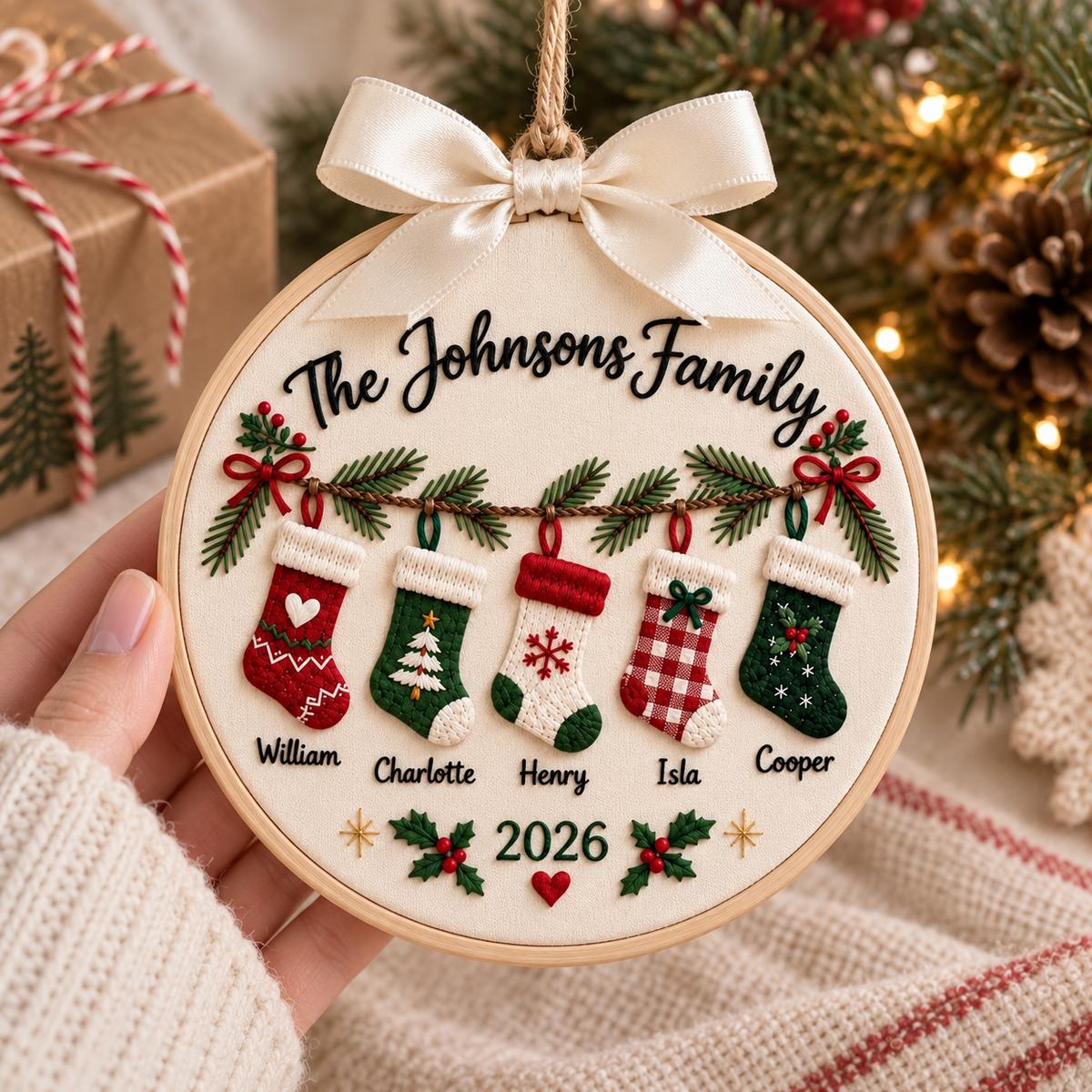 Personalized Embroidered Family Christmas Stocking Ornament, Custom Names 2026, Holiday Tree Decor, Family Name Keepsake, Family Gift