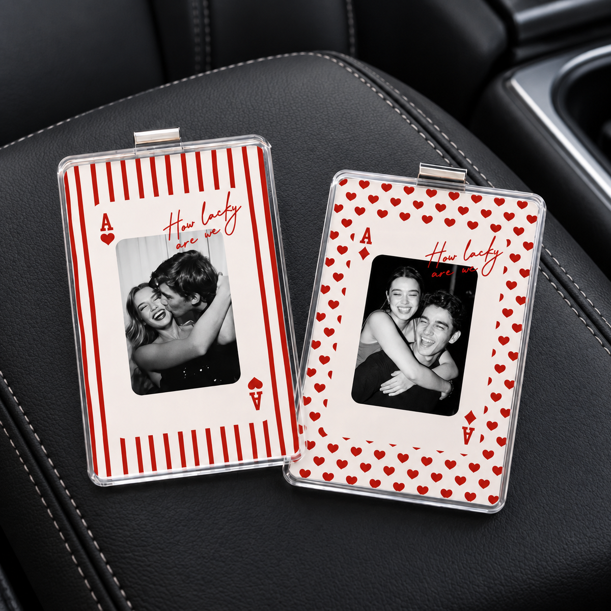 Personalized Striped Play Card Sun Visor Clip With Photo, Custom Couples Photo Car Visor Clip, Drive Safe Gift For Boyfriend, Husband