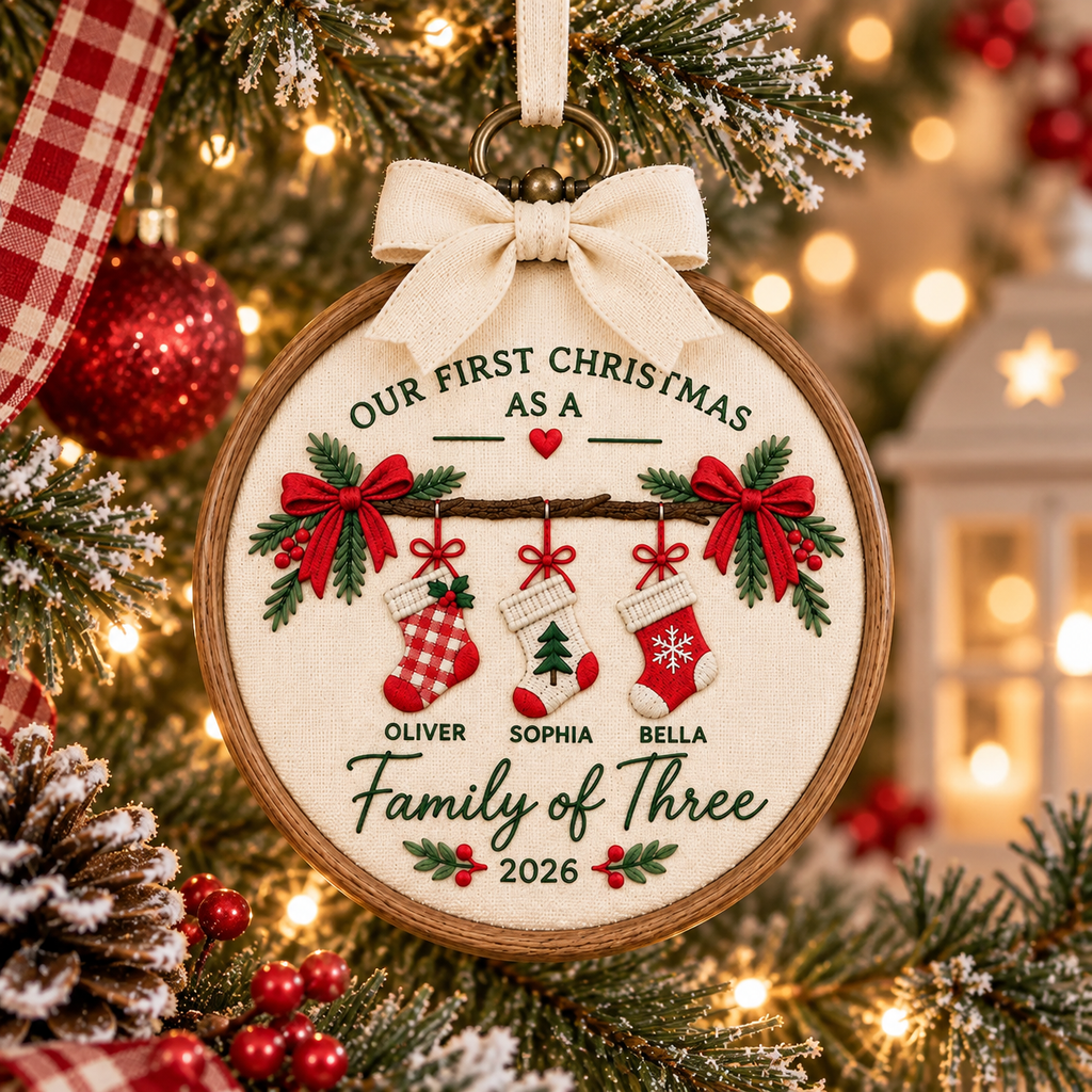 Personalized Embroidered Family of Three Christmas Ornament, Custom New Family Ornament, Baby's First Christmas Gift, Family Bauble Keepsake