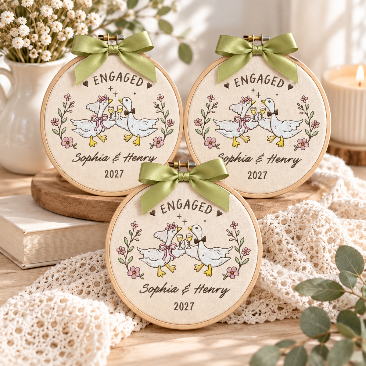 Personalized Embroidered Wedding Goose Ornament, Custom Names Year, First Christmas Hoop, Funny Engagement Gift,Silly Geese Engaged Keepsake