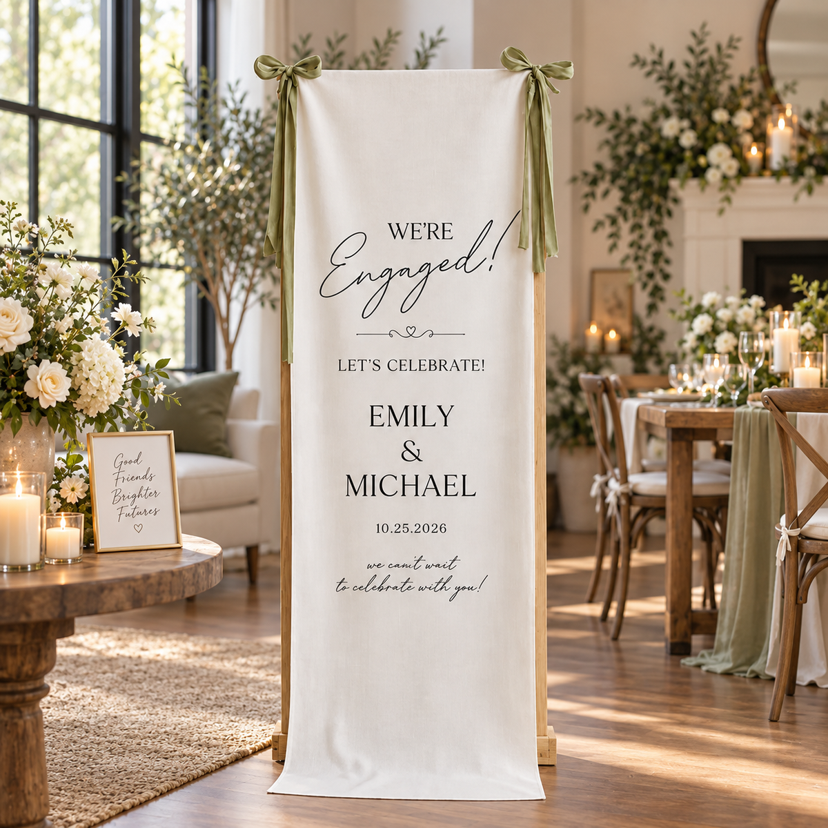 Personalized Linen Engagement Welcome Sign, Custom Couple Names & Date Engagement Party Banner, We’re Engaged Celebration Decor