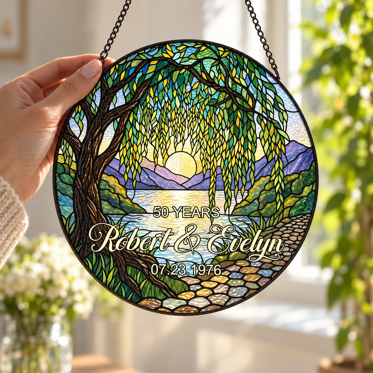 Personalized Stained Glass Suncatcher for 50th Anniversary, Custom Couple Names & Date Gift, Willow Tree Wedding Anniversary Keepsake