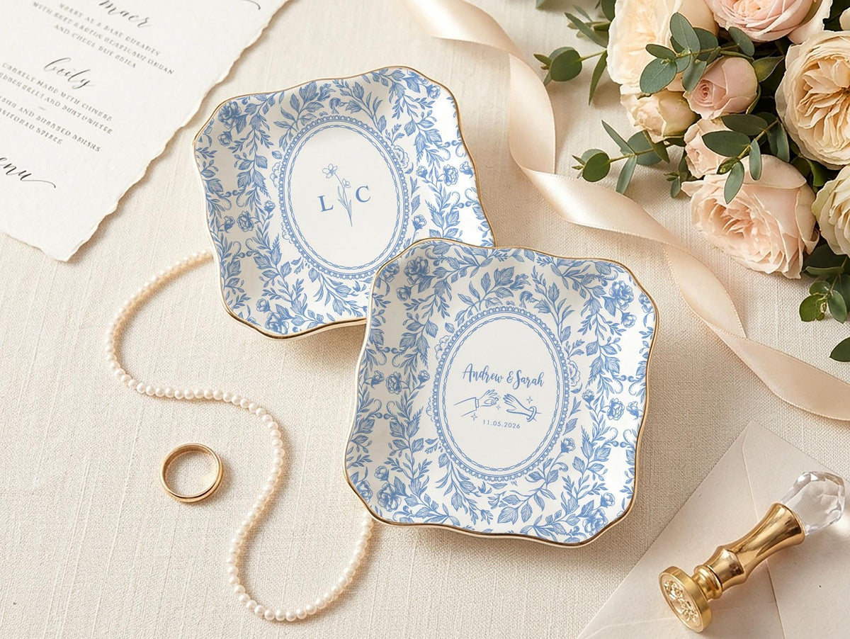 Personalized Toile Wedding Jewelry Dish, Custom Initials Ceramic Ring Dish