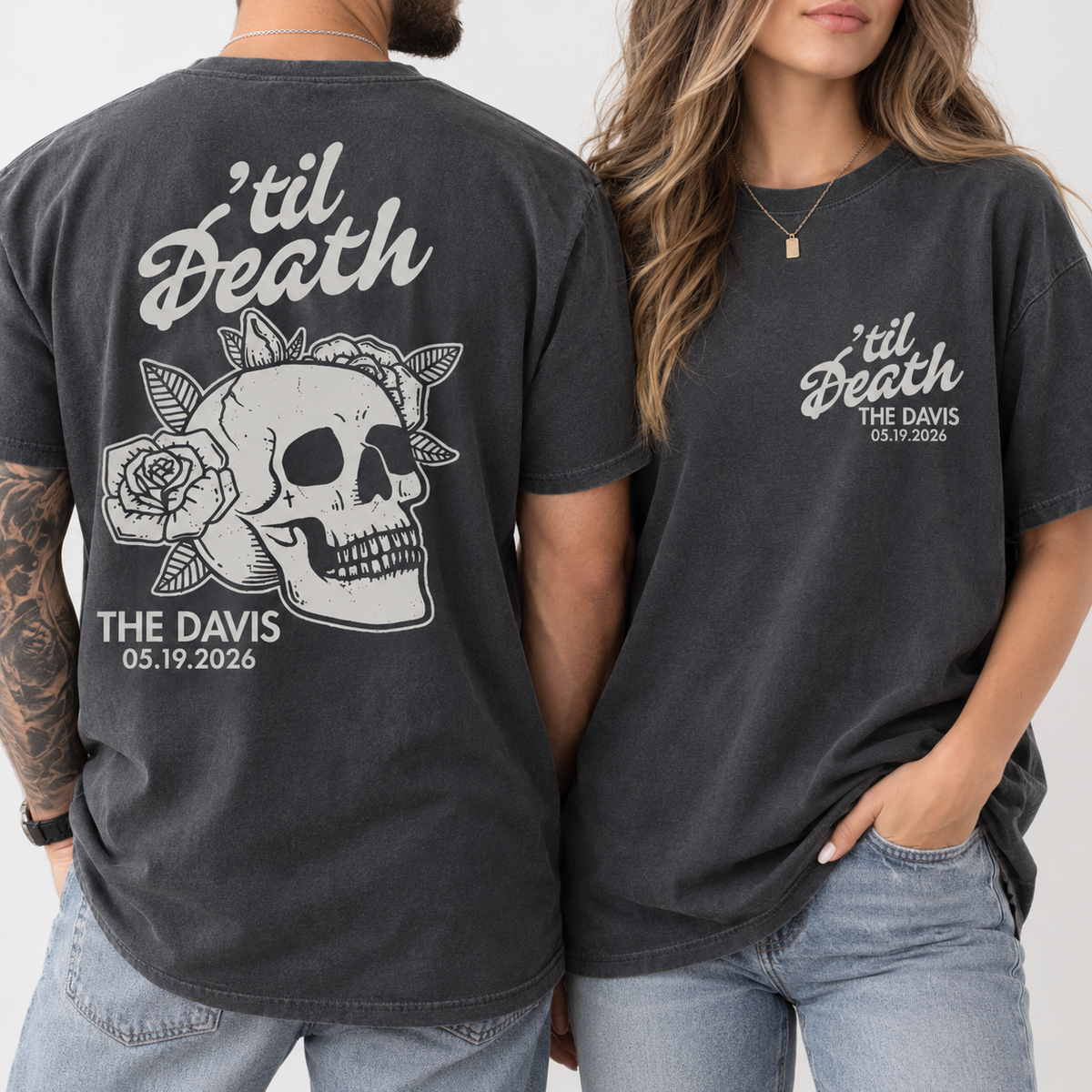 Personalized ’Til Death Skeleton Bride Wedding Shirt, Gothic Married Couple Shirt, Wedding Date Newlywed Tee