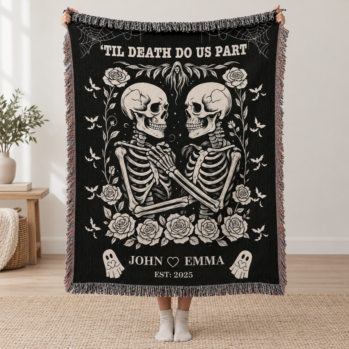Skeleton Couple Till Death Blanket, Personalized Skeleton Lovers Wedding Blanket, Spooky Goth Couple Halloween Gift, Valentines, Anniversary