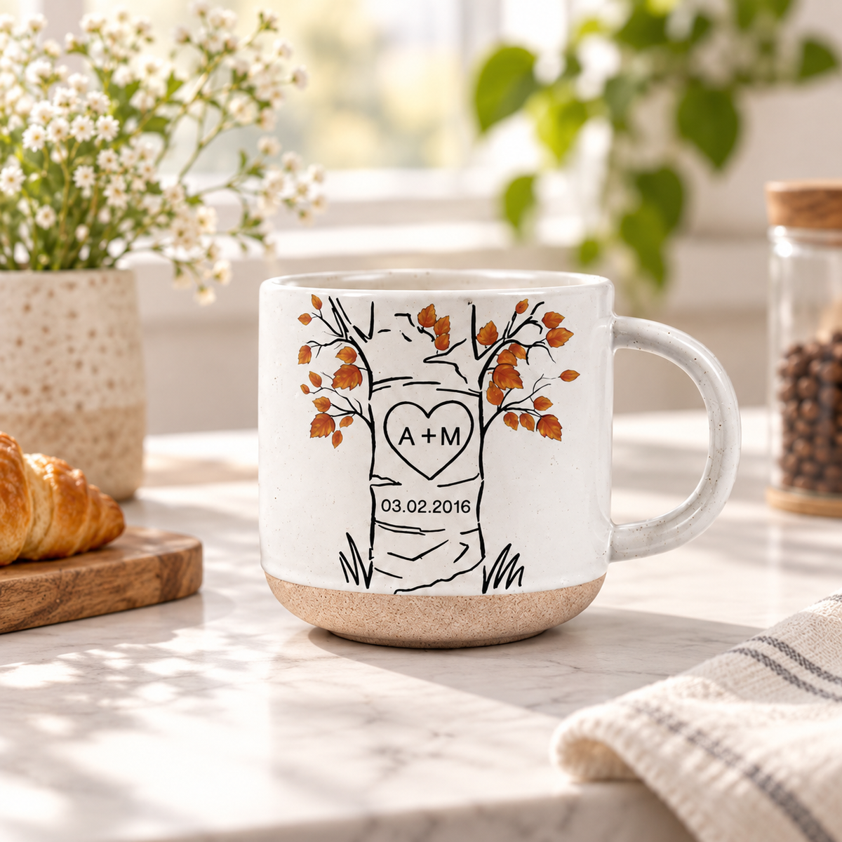 Personalized Carved Tree Pottery Mug, Custom Anniversary Coffee Cup, Couple Initials Mug, Wedding Date Keepsake