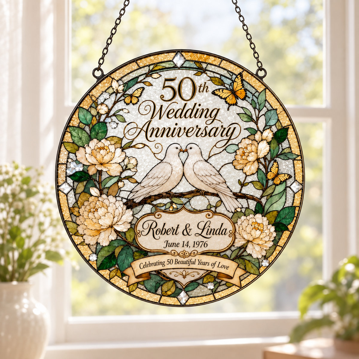 Personalized 50th Wedding Anniversary Suncatcher, Golden Anniversary Gift for Couple,Custom Stained Glass Style Window Hanging,Dove Keepsake