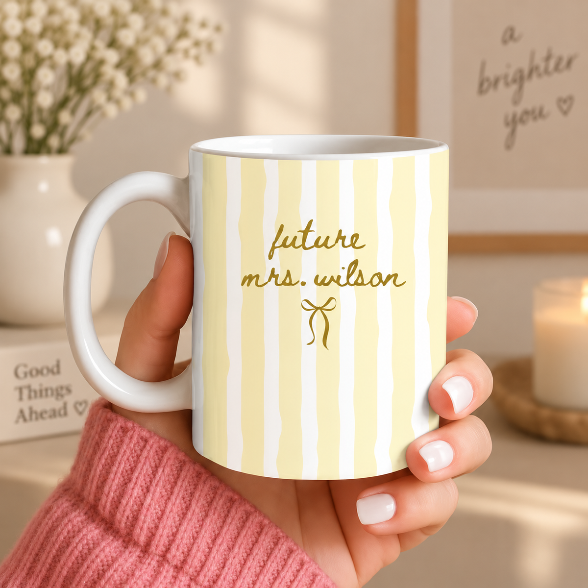 Personalized Striped Future Mrs Mug & Ornament – Custom Coffee Mug, Accent Mug, Bride-to-Be Engagement & Bridal Shower Gift
