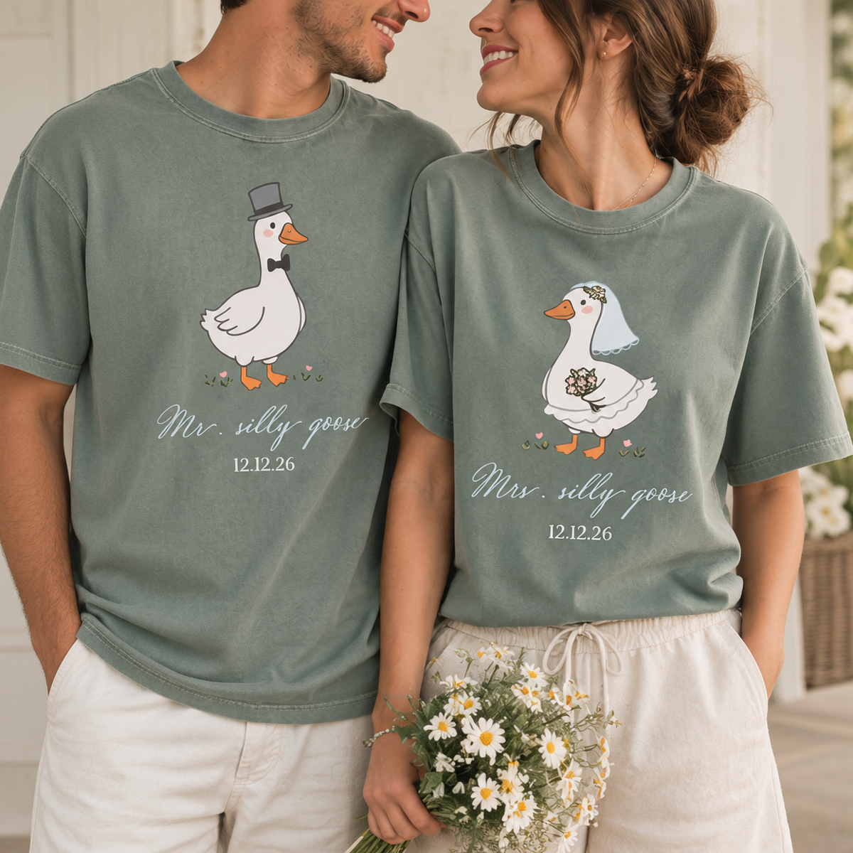 Matching Mr. & Mrs. Silly Goose Shirts, Bride and Groom Honeymoon Tees, Custom Date Wedding Gift