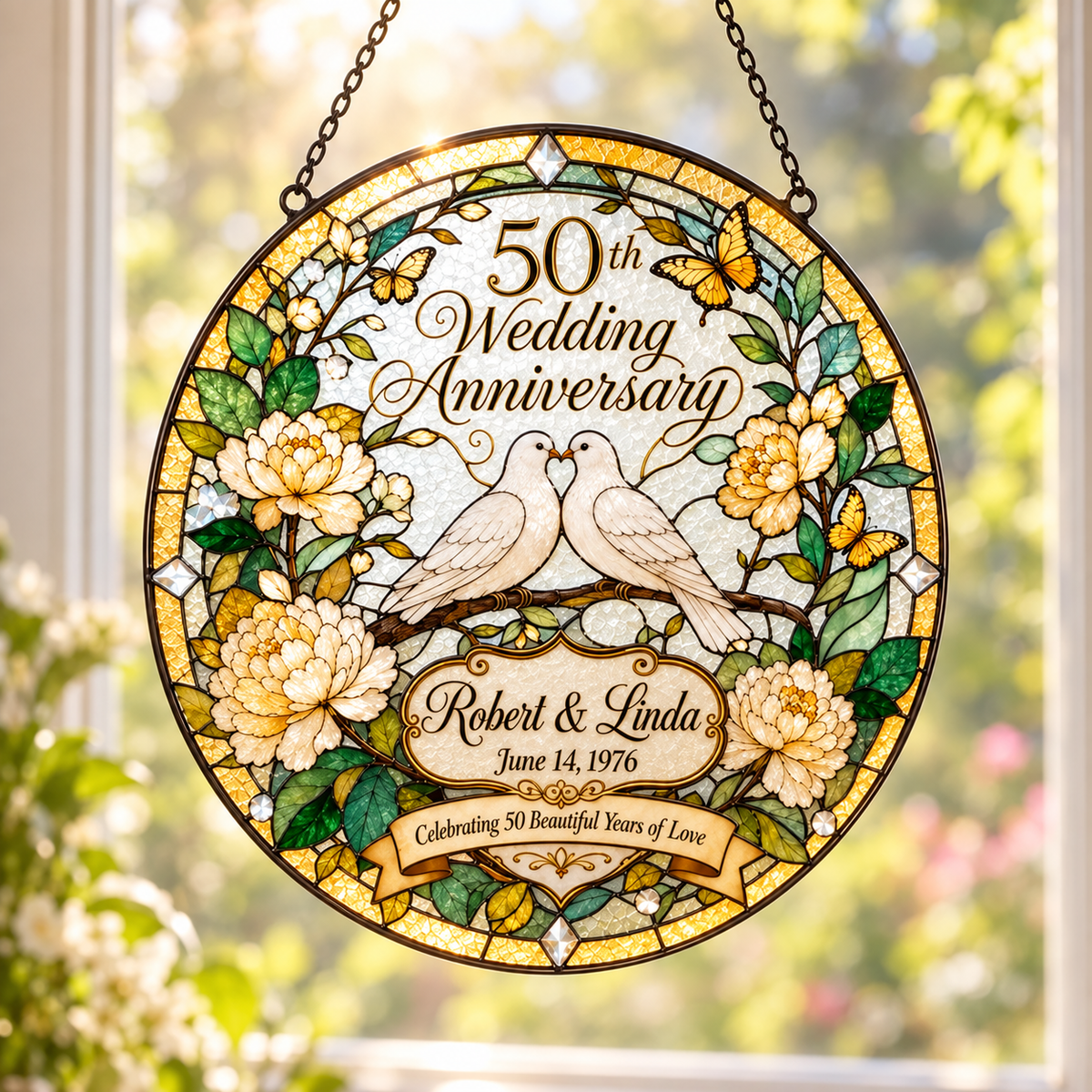 Personalized 50th Wedding Anniversary Suncatcher, Golden Anniversary Gift for Couple,Custom Stained Glass Style Window Hanging,Dove Keepsake
