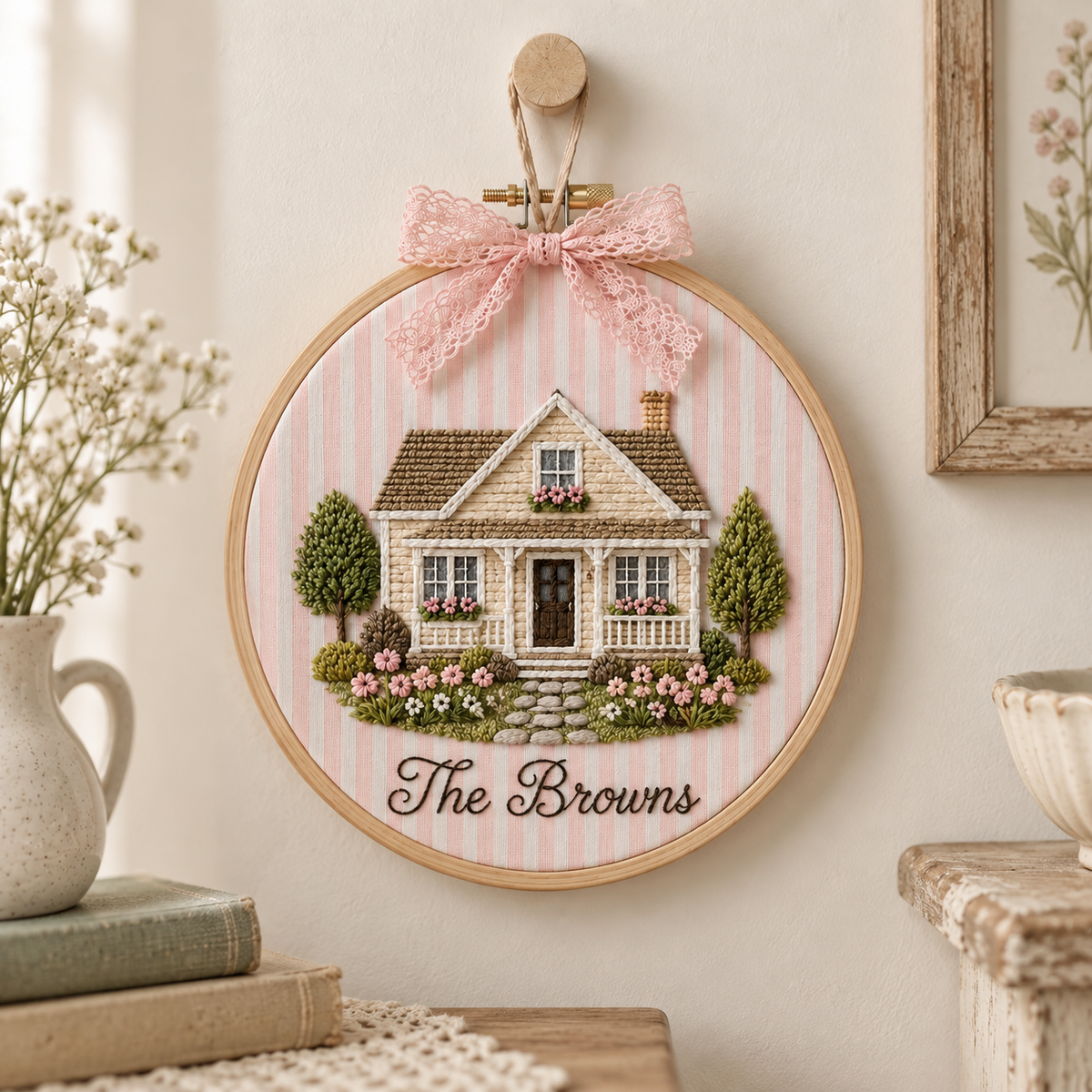 Personalized Family Home Embroidery Hoop, Custom House Portrait Wall Art, Cottage Floral Decor, Housewarming Gift with Pink Bow