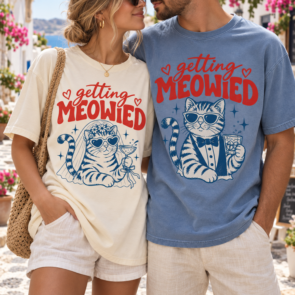 Getting Meowied Bride & Groom Matching Shirts, Funny Cat Wedding Couple Tees, Cat Lover Wedding Gift