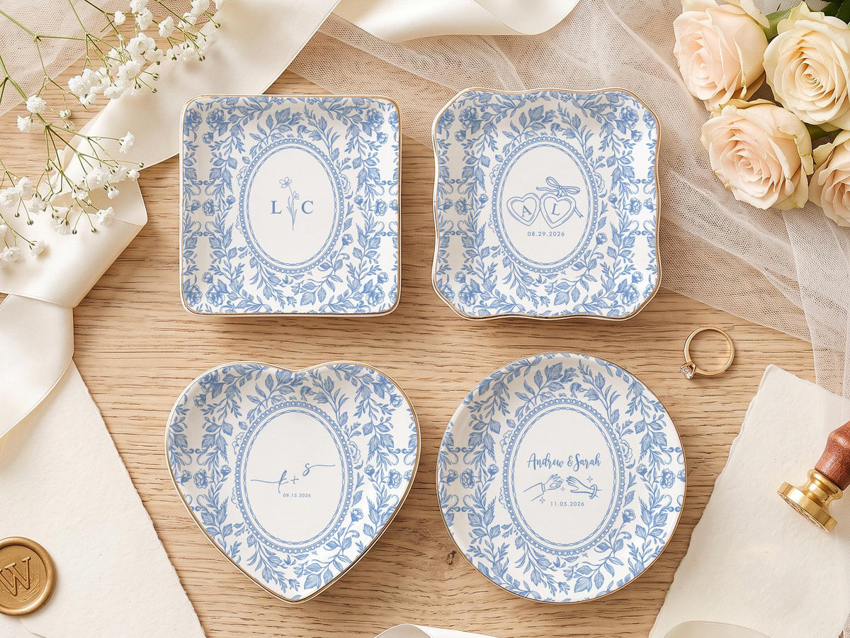 Personalized Toile Wedding Jewelry Dish, Custom Initials Ceramic Ring Dish