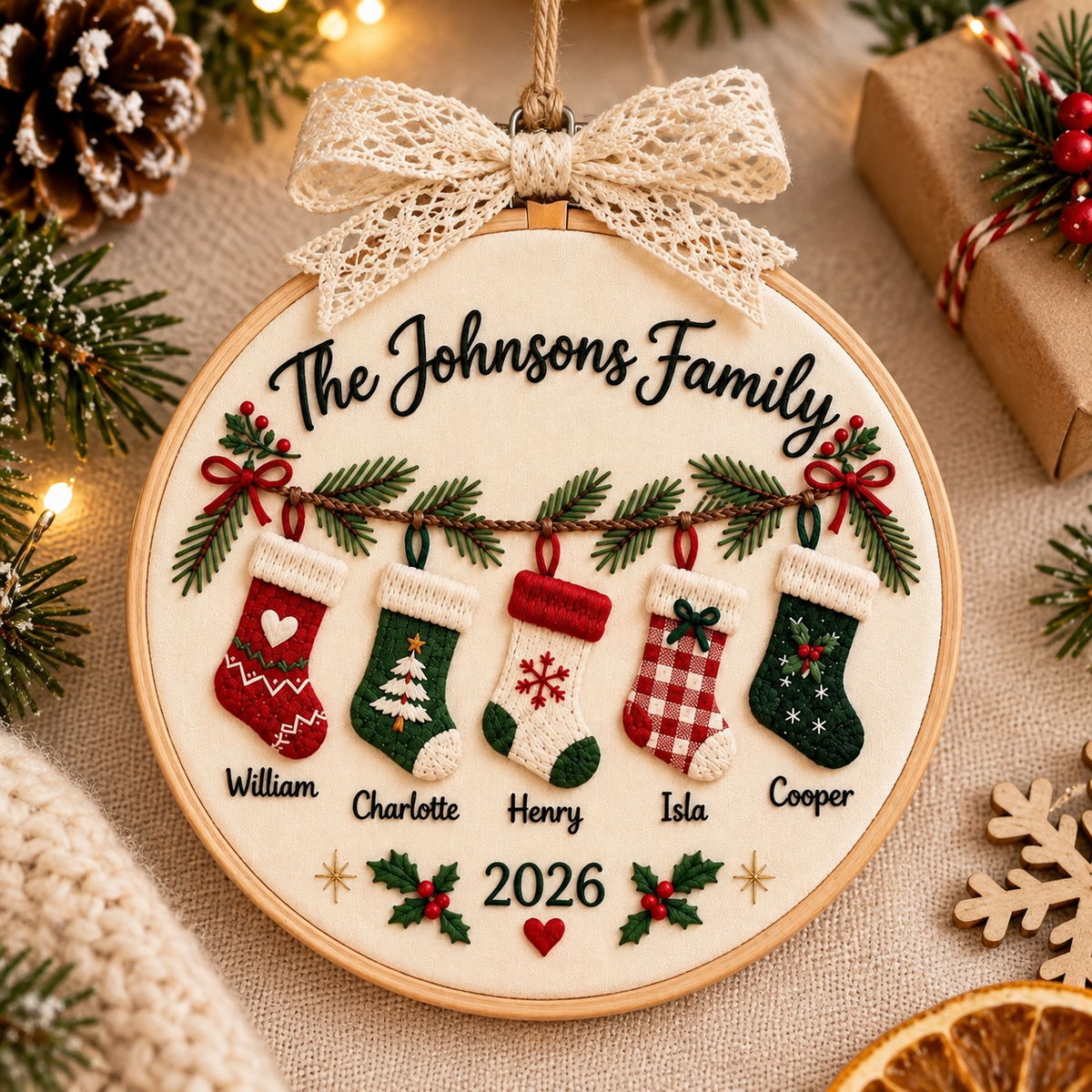 Personalized Embroidered Family Christmas Stocking Ornament, Custom Names 2026, Holiday Tree Decor, Family Name Keepsake, Family Gift