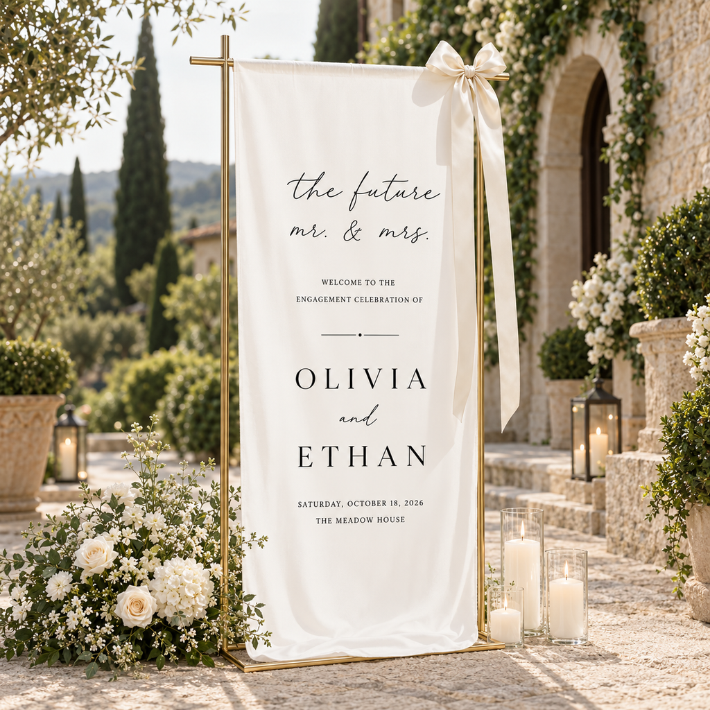 Personalized Linen Engagement Welcome Sign, Future Mr & Mrs Engagement Party Decor,  Custom Couple Names Date & Venue Banner