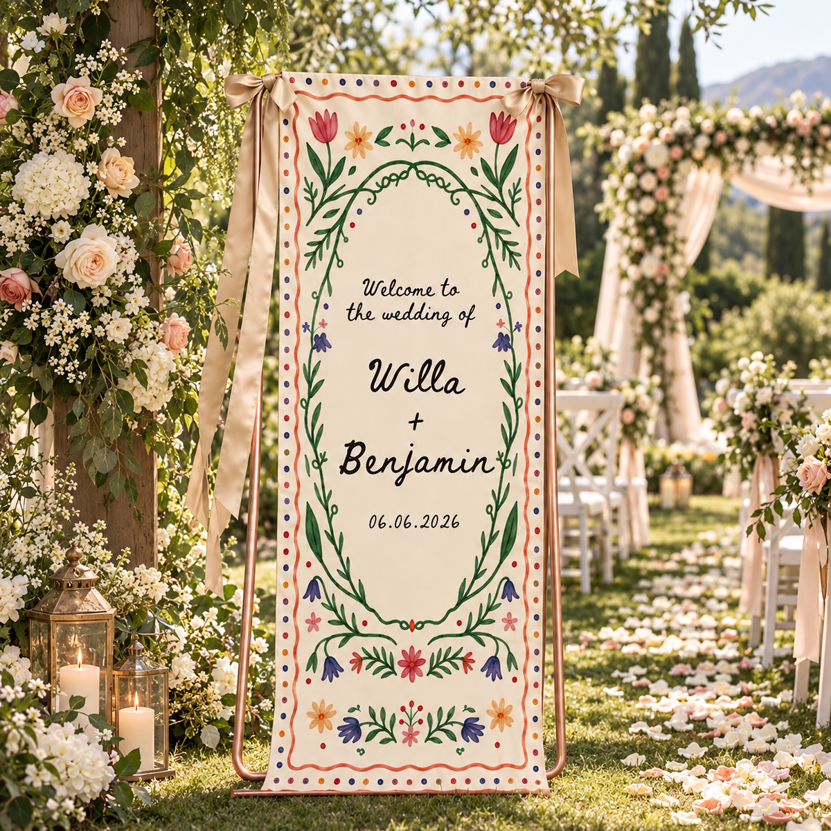 Personalized Linen Wedding Welcome Sign, Custom Couple Names & Date Floral Wedding Banner, Ceremony Reception Entrance Decor