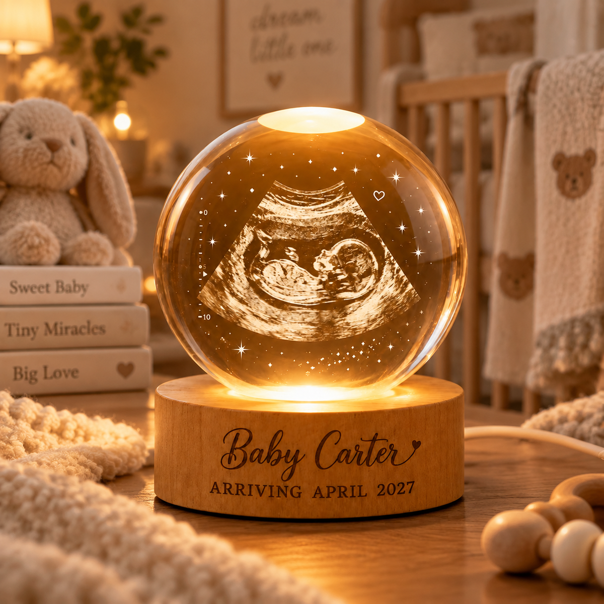 Personalized Ultrasound Gift Crystal Ball Night Light, Custom Sonogram Keepsake, Baby Announcement Decor, Baby Arrival Gift