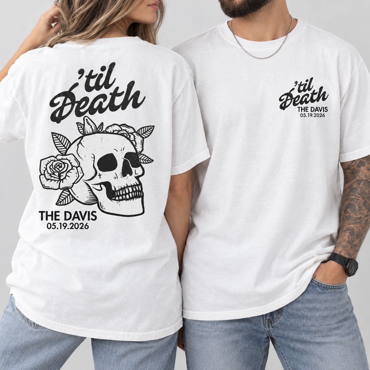 Personalized ’Til Death Skeleton Bride Wedding Shirt, Gothic Married Couple Shirt, Wedding Date Newlywed Tee
