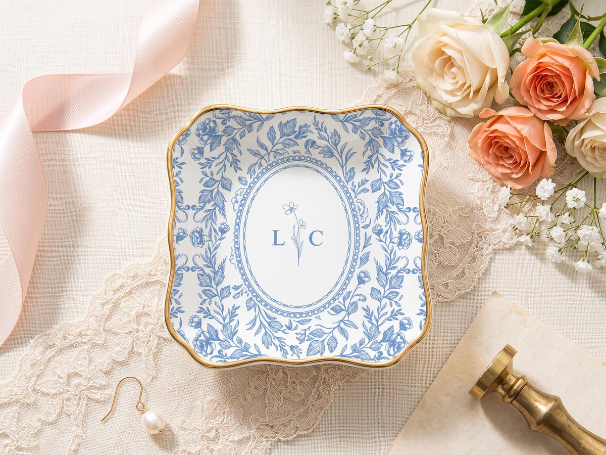 Personalized Toile Wedding Jewelry Dish, Custom Initials Ceramic Ring Dish