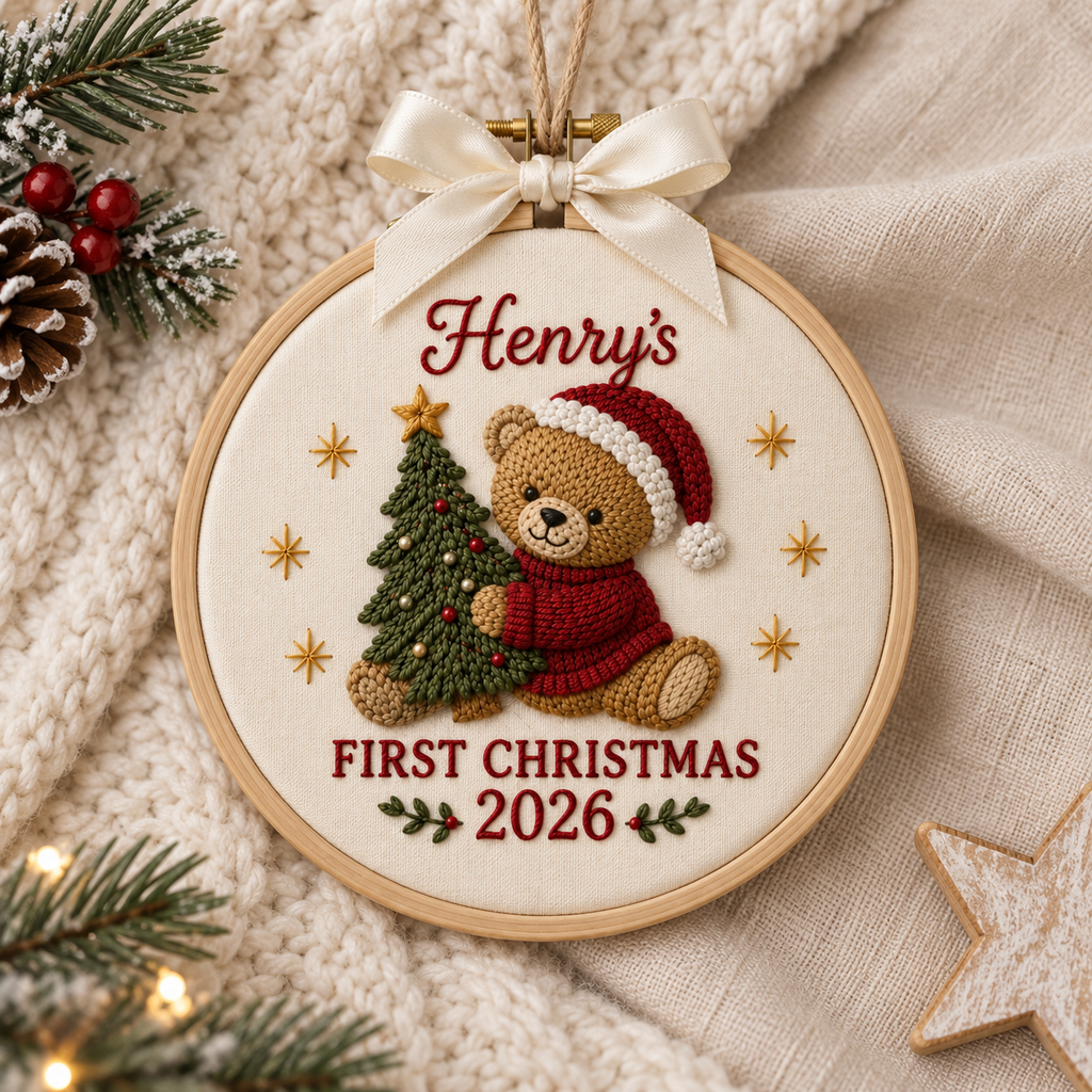Personalized Baby’s First Christmas Ornament, Custom Name & Year Woodland Embroidery Keepsake, Baby’s 1st Xmas Gift