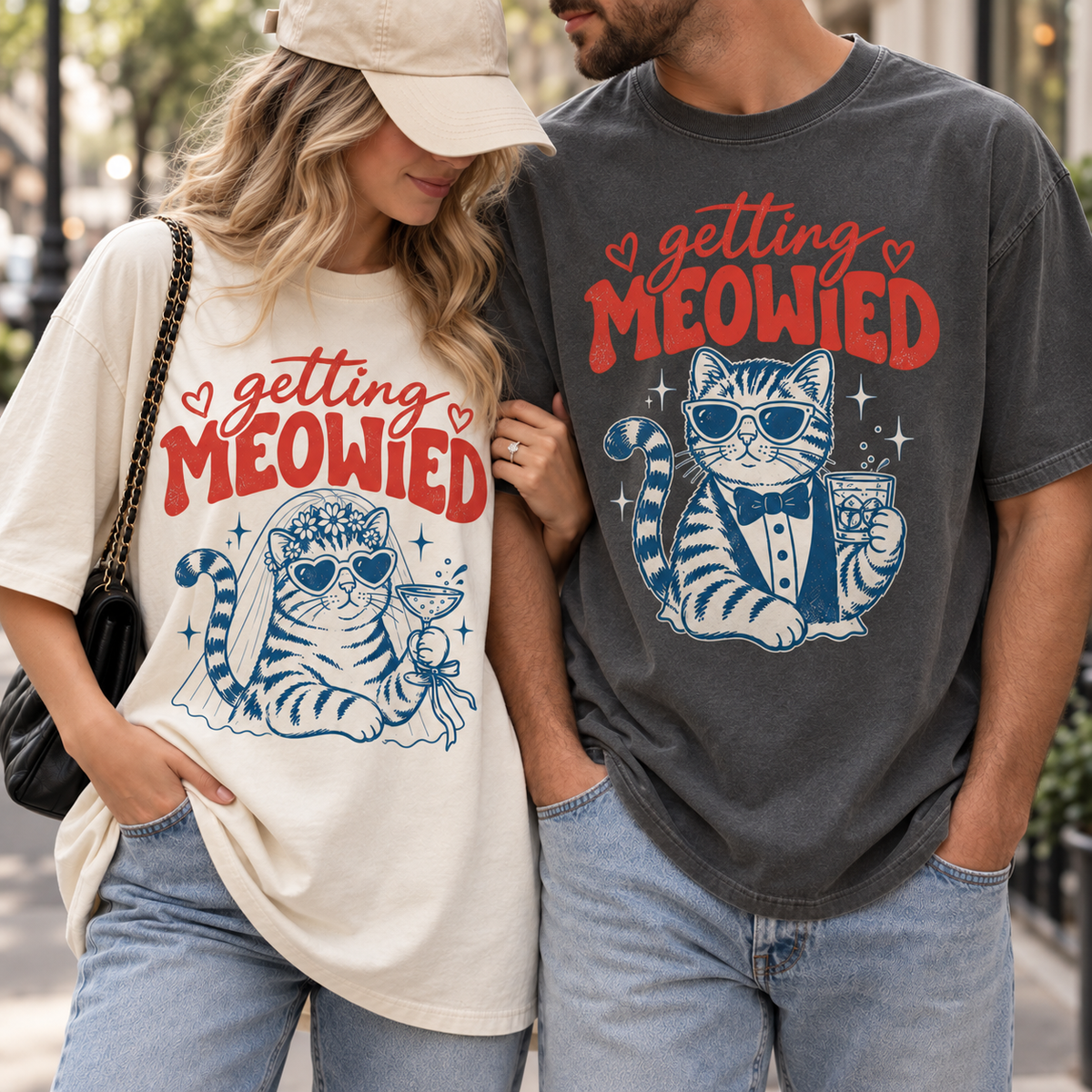 Getting Meowied Bride & Groom Matching Shirts, Funny Cat Wedding Couple Tees, Cat Lover Wedding Gift
