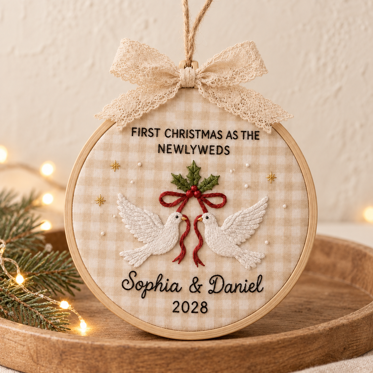 First Christmas Married Ornament, Personalized Embroidered Hoop Ornament, Custom Wedding Christmas Keepsake, Newlywed Gift Decor