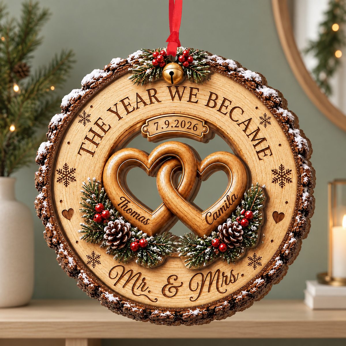 Custom Couple Wedding Anniversary 2Layer Wooden Ornament, First Christmas Wood Ornament, The Year We Became Mr Mrs Ornament, Wedding Gift