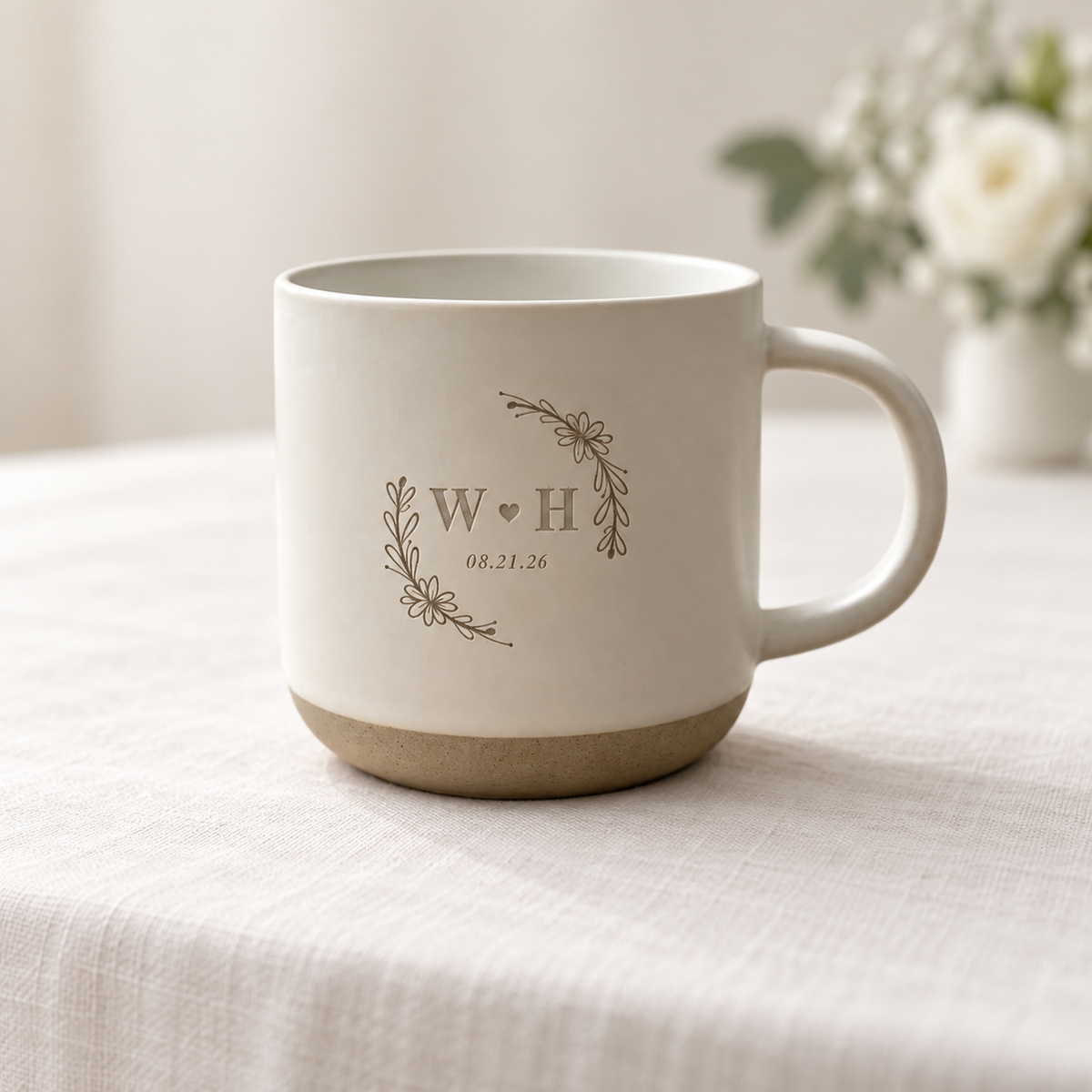 Personalized Floral Mr & Mrs Coffee Mug For Couples, Custom Initials Engraved Couple Pottery Mug, Coffee Mug Bride Groom Wedding Gift