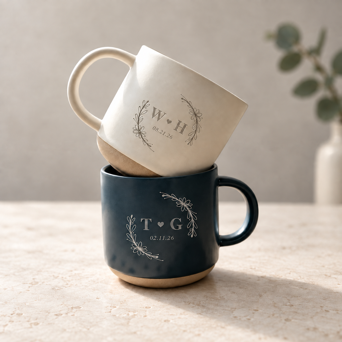 Personalized Floral Mr & Mrs Coffee Mug For Couples, Custom Initials Engraved Couple Pottery Mug, Coffee Mug Bride Groom Wedding Gift