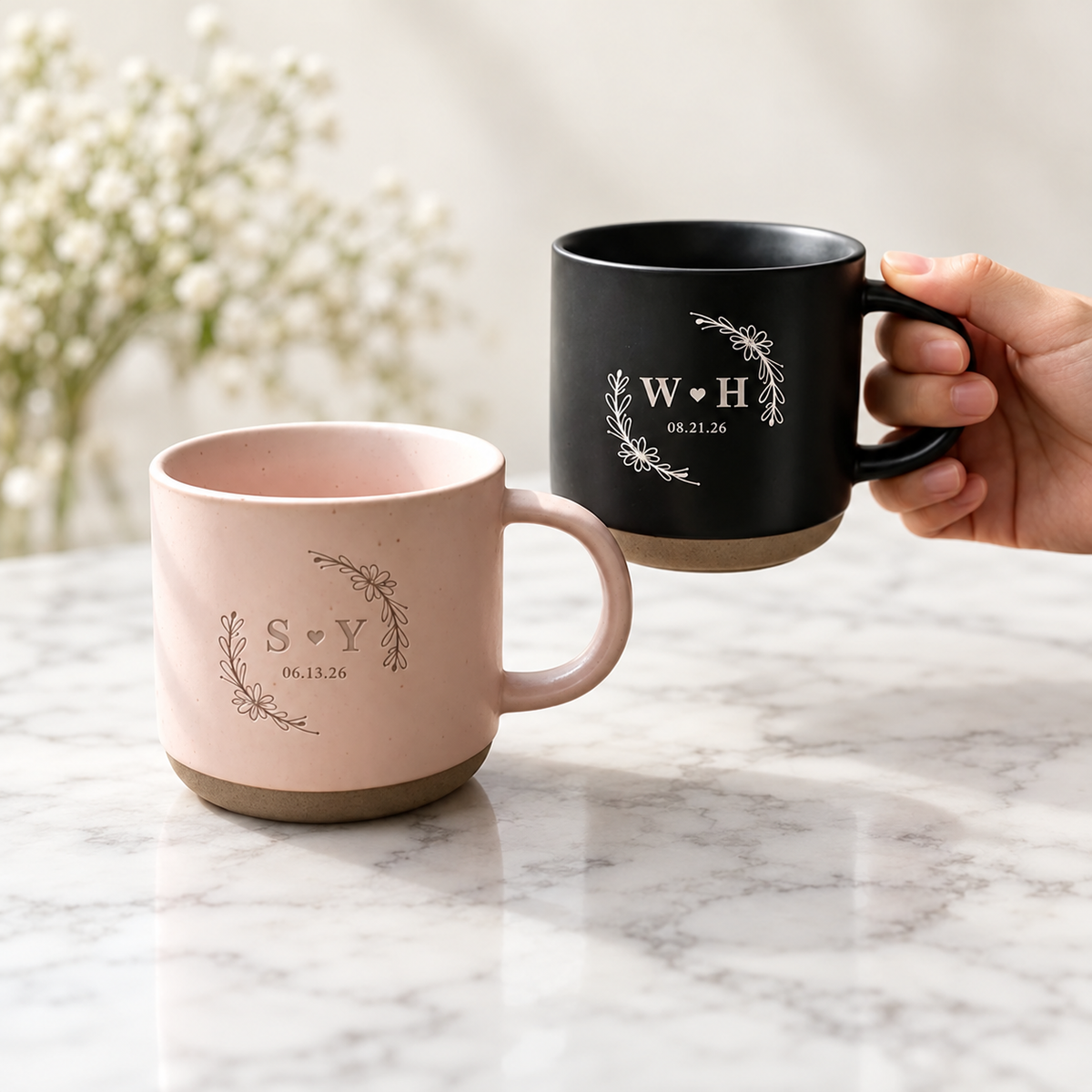 Personalized Floral Mr & Mrs Coffee Mug For Couples, Custom Initials Engraved Couple Pottery Mug, Coffee Mug Bride Groom Wedding Gift